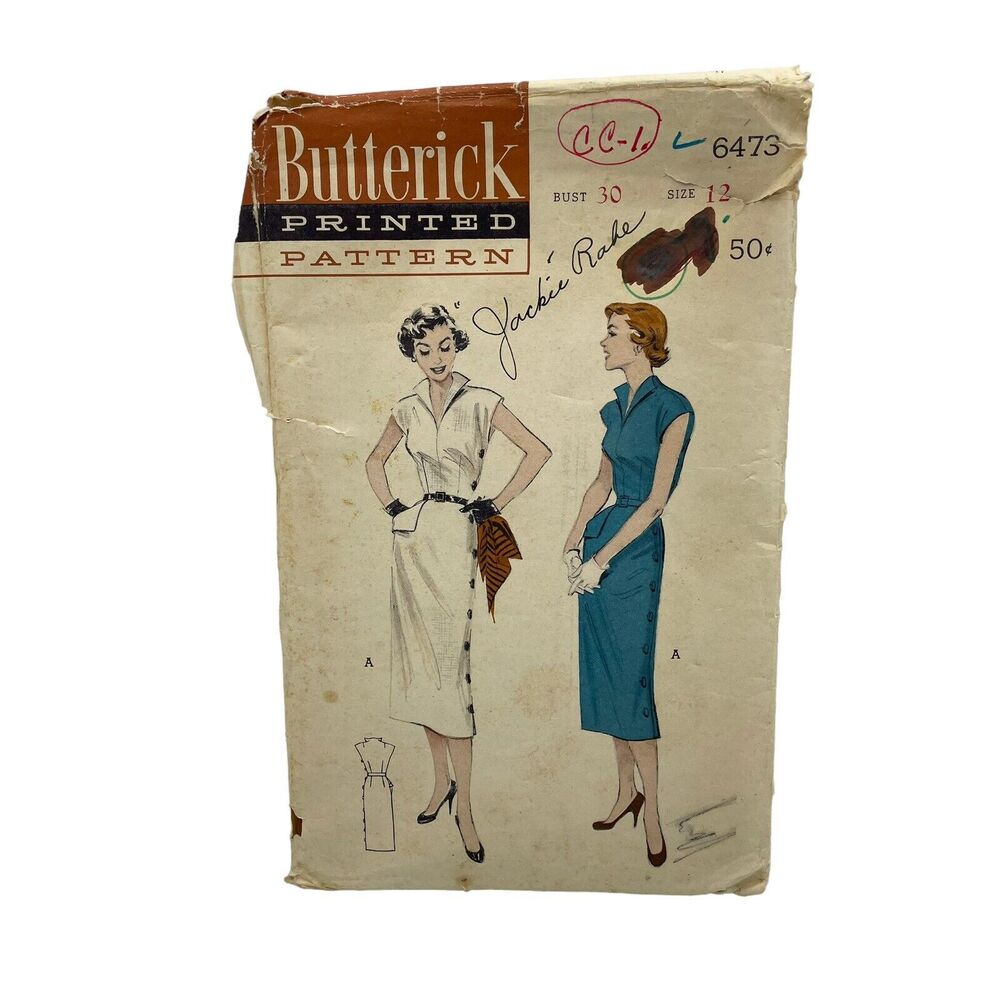 1950’s Butterick Side Button Sheath Dress Pattern One Pocket #6473